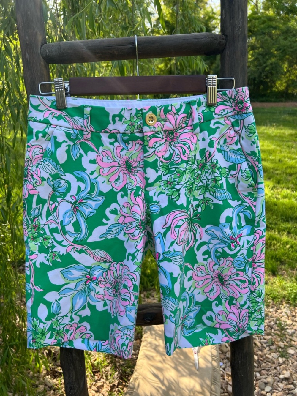 Lilly Pulitzer Green and Pink Floral Shorts with Gold Button